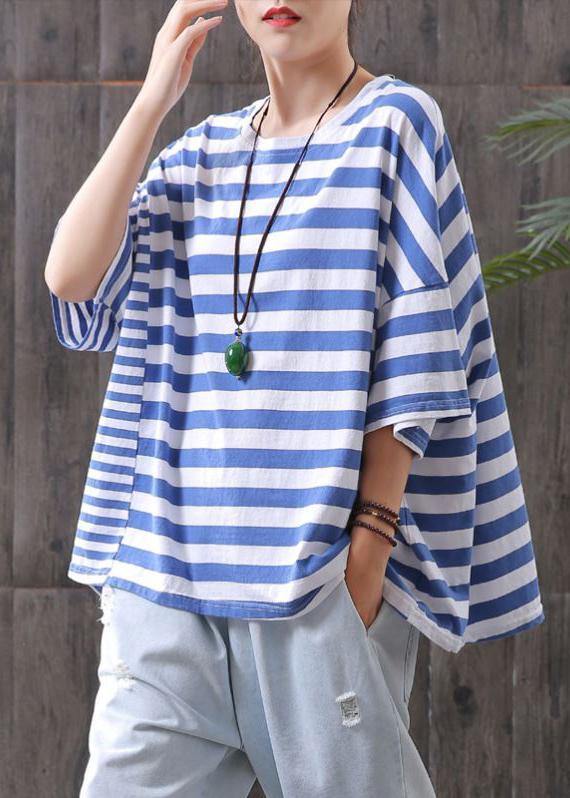 Vivid blue striped cotton Shirts Batwing Sleeve Plus Size top