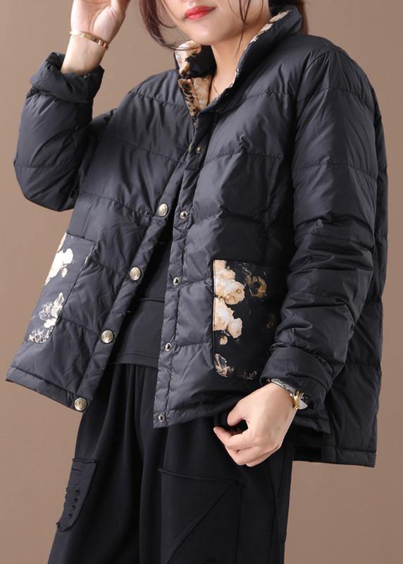 Warm women parka coats black patchwork print stand collar pockets warm winter coat