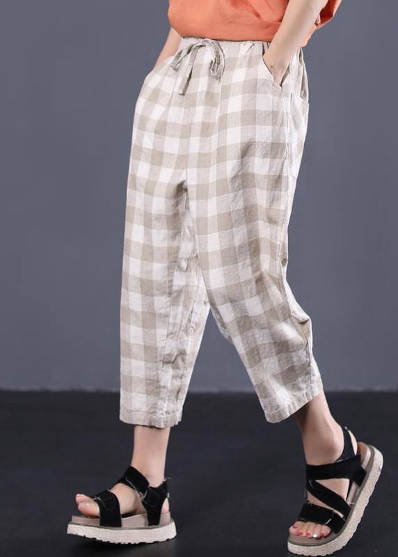 khaki plaid cotton pants plus size drawstring casual pants