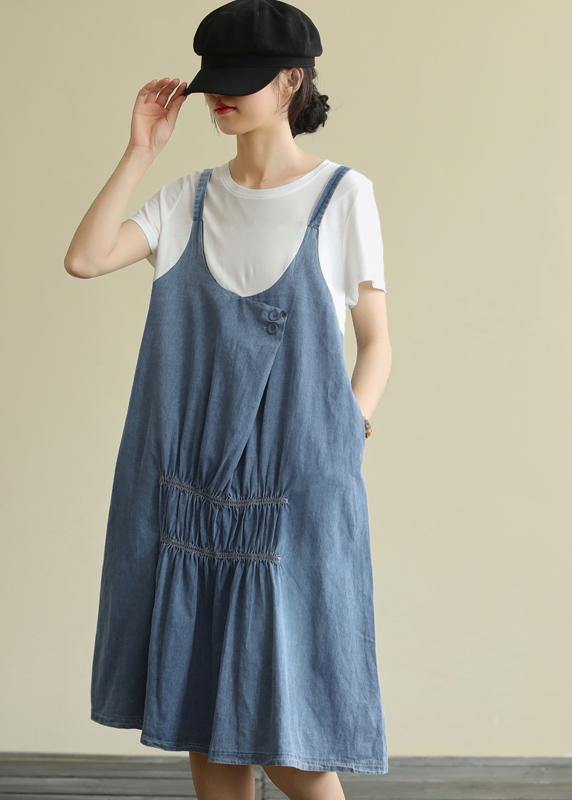 Women o neck false two pieces Cotton summer quilting dresses design blue Dress