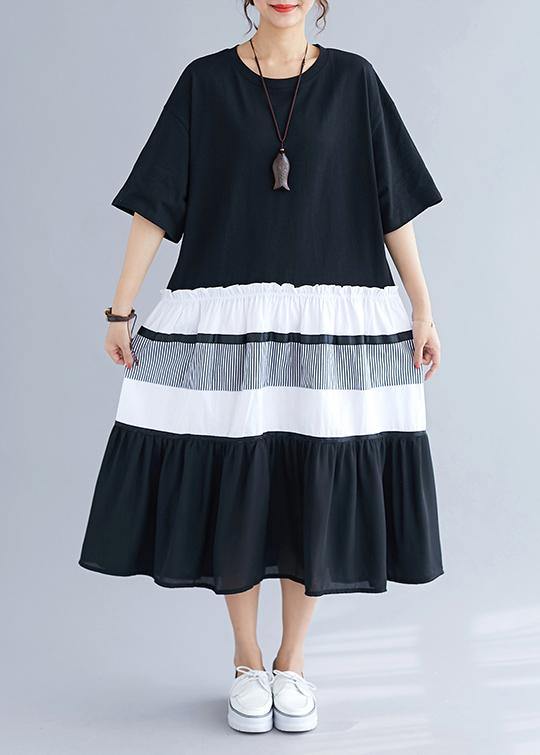 Elegant black patchwork cotton tunics for women o neck long summer Dress