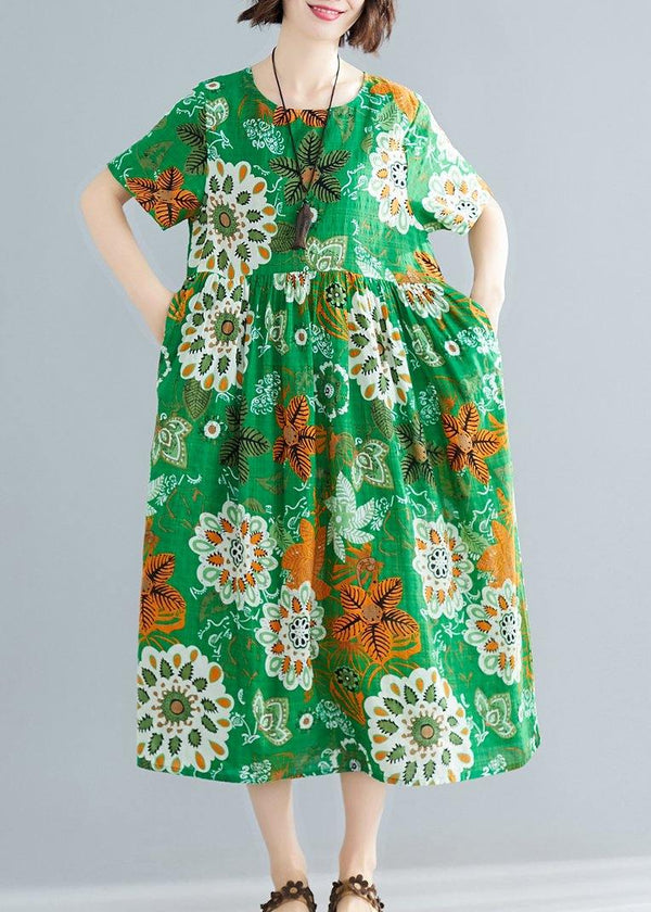 Bohemian o neck patchwork cotton green print Plus Size Dresses summer