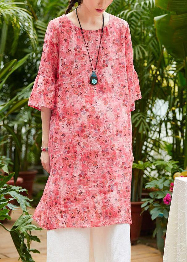 Loose red print linen clothes For Women o neck half sleeve patchwork loose summer Dresses