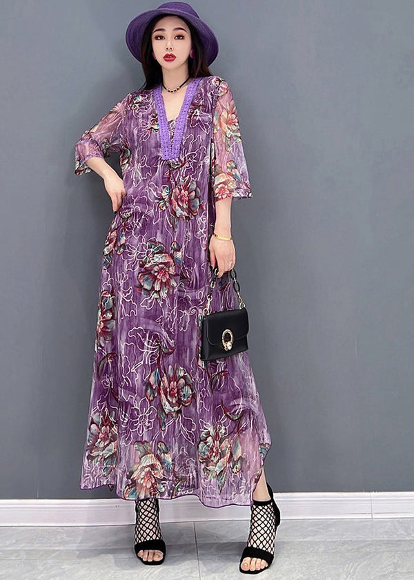 Boutique Purple V Neck Embroidered Hollow Out Tulle Maxi Dresses Half Sleeve