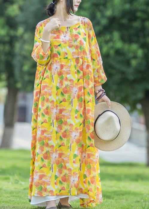 Women yellow print linen dresses o neck asymmetric Traveling summer Dresses