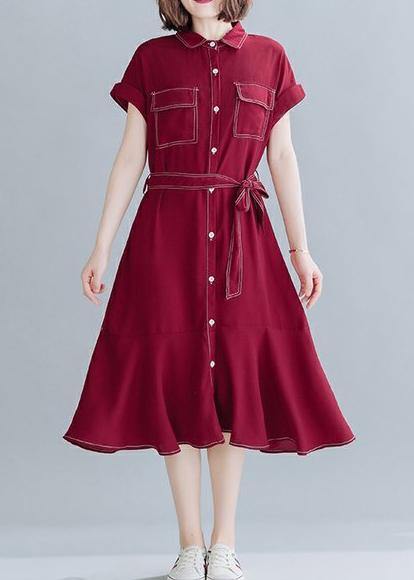 Natural lapel Ruffles linen clothes For Women Work red Dresses