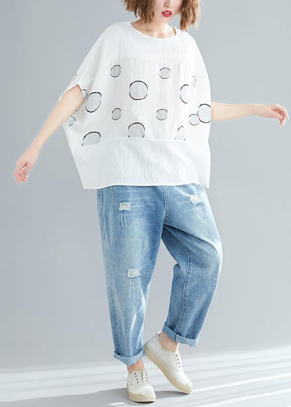 Beautiful white dotted cotton linen tops women plus size design o neck Batwing Sleeve short Summer tops