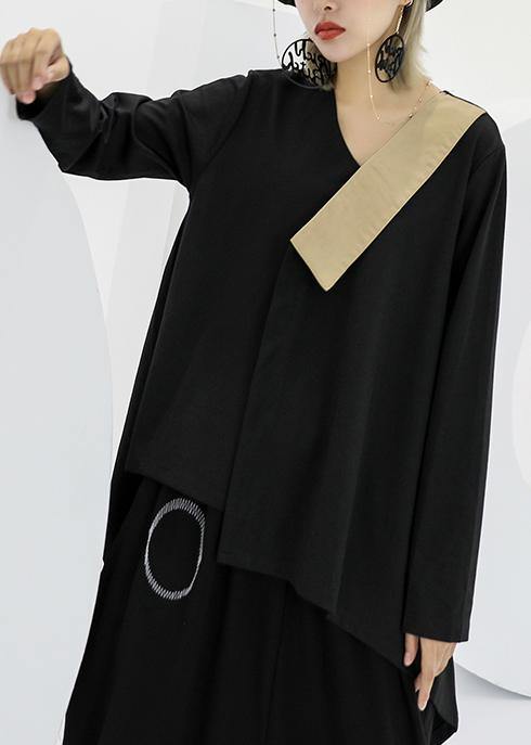 Modern black asymmetric cotton linen tops women v neck silhouette fall blouses