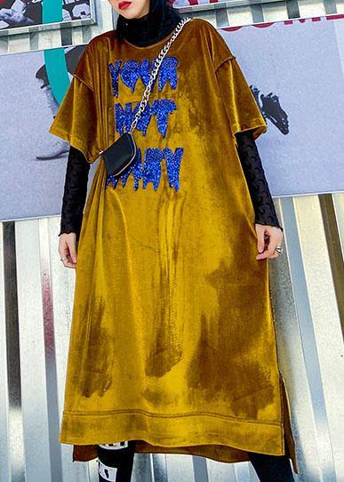 DIY yellow cotton clothes Women o neck Sequined Maxi spring Dress