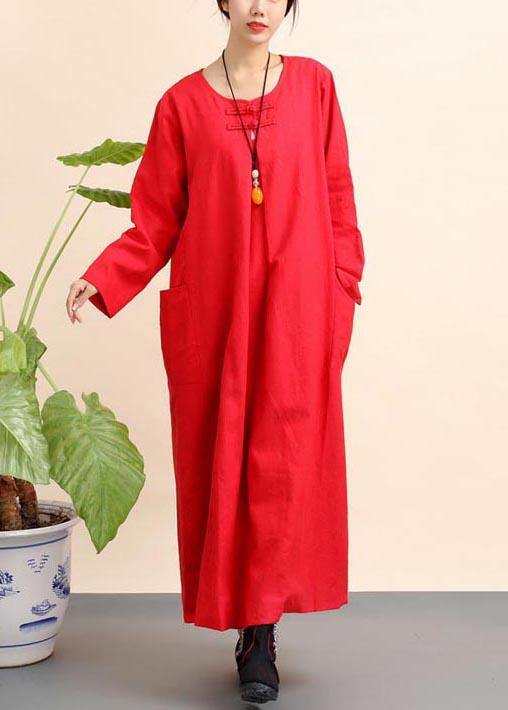 Unique Red Tunics O Neck Pockets Robe Spring Dresses