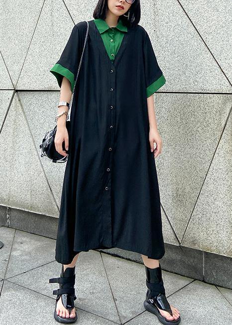 Vivid black cotton clothes Women lapel Button Down Maxi summer Dress