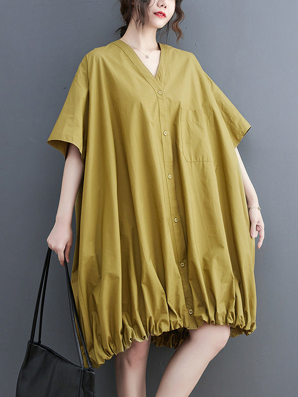 Loose Short Sleeves Solid Color V-Neck Midi Dresses