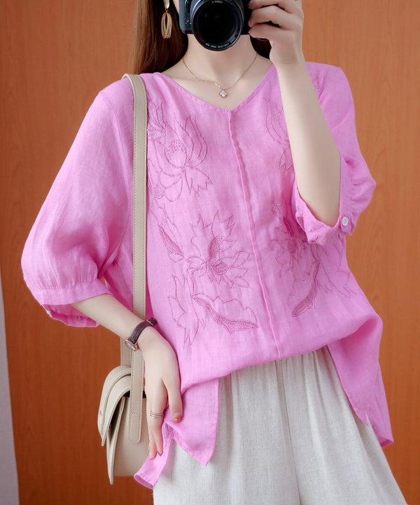 Women pink shirts v neck embroidery oversized summer shirts