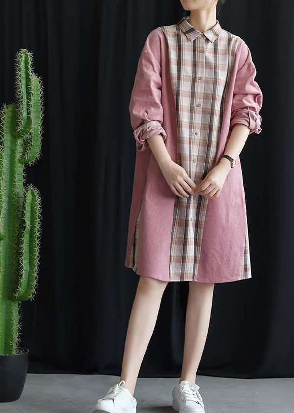 Style pink patchwork Plaid Cotton clothes lapel tie waist Plus Size fall Dresses