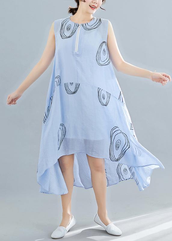 Elegant light blue print cotton dress sleeveless low high design loose summer Dresses