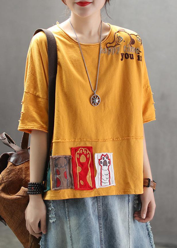 Art cotton tunic top Pakistani Summer yellow Loose Retro Ripped Hole Embroidery T-Shirt