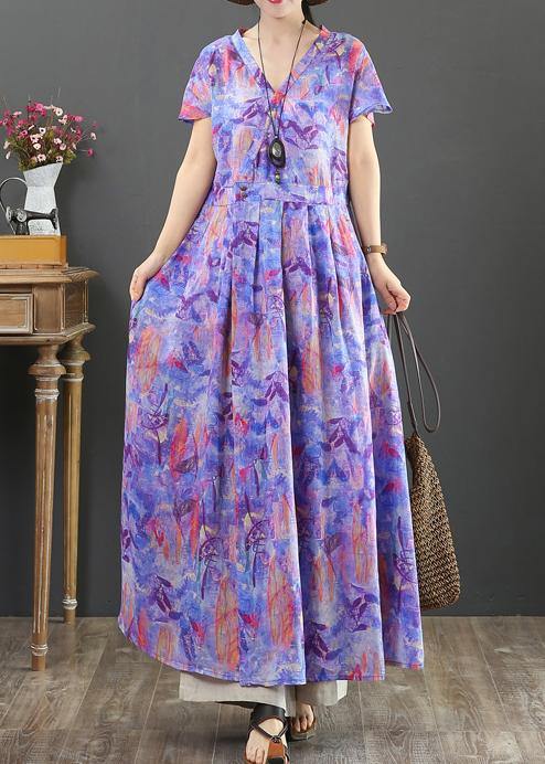 Women purple print cotton clothes v neck Cinched Plus Size Clothing Dress