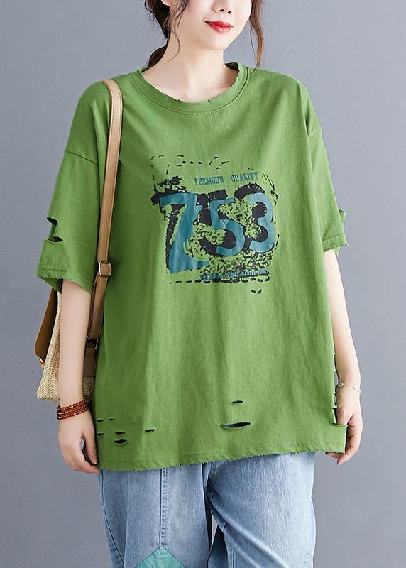 Italian green o neck cotton clothes For Women Hole Art summer top