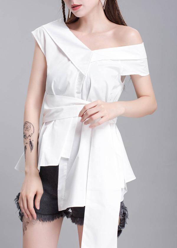 Handmade white cotton crane tops sleeveless box summer shirts