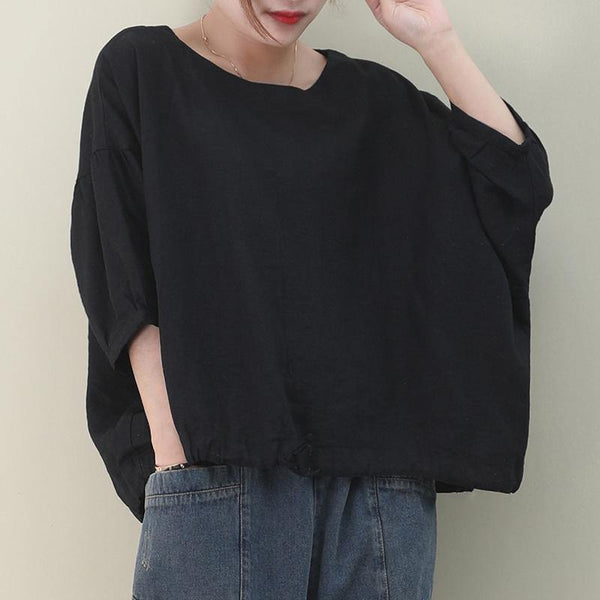 Natural black linen linen women blouses o neck lantern sleeve oversized blouse