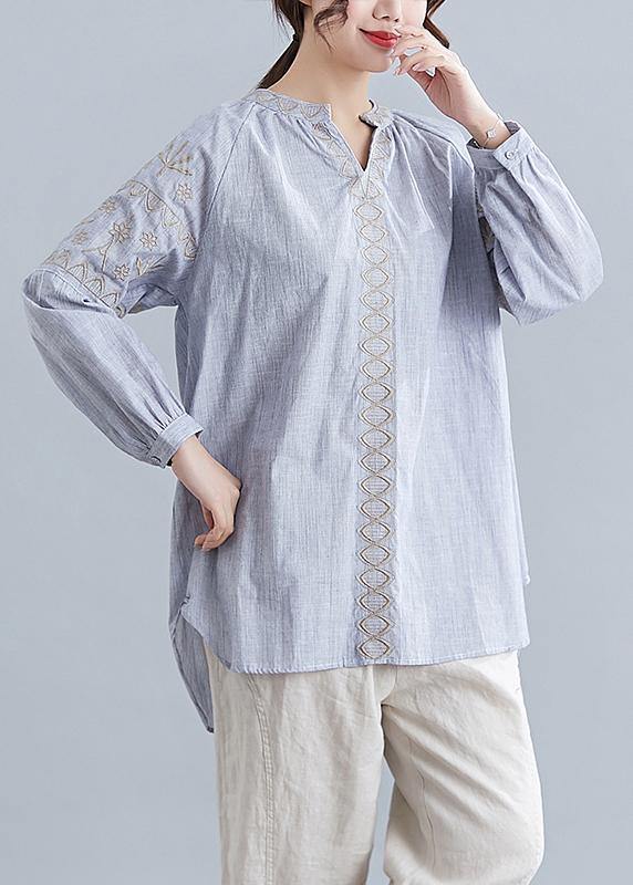 Loose light blue embroidery cotton clothes For Women v neck blouse