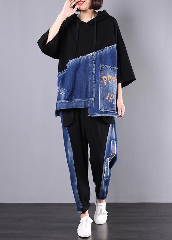 autumn new black patchwork blue hooded tops and casual big pockets trousers