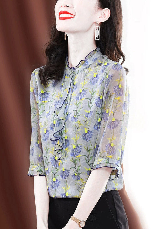 Fashion O-Neck Ruffled Print Silk Shirts Half Sleeve