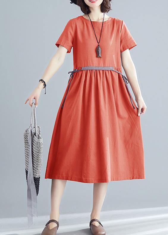 Vivid orange red cotton linen clothes For Women o neck tie waist Robe summer Dress