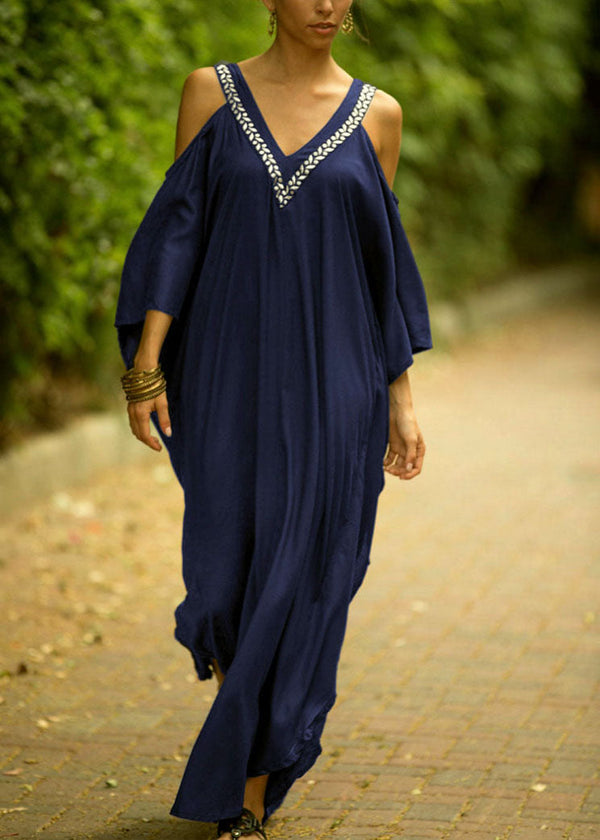 French Blue V Neck Cold Shoulder kimono robe Dresses Summer