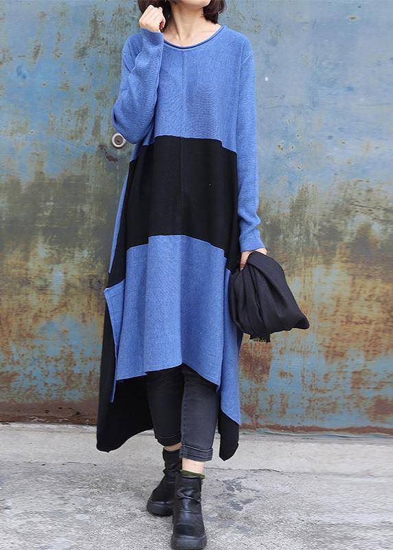 Knitted blue Sweater dress outfit DIY side open baggy low high design knit dress