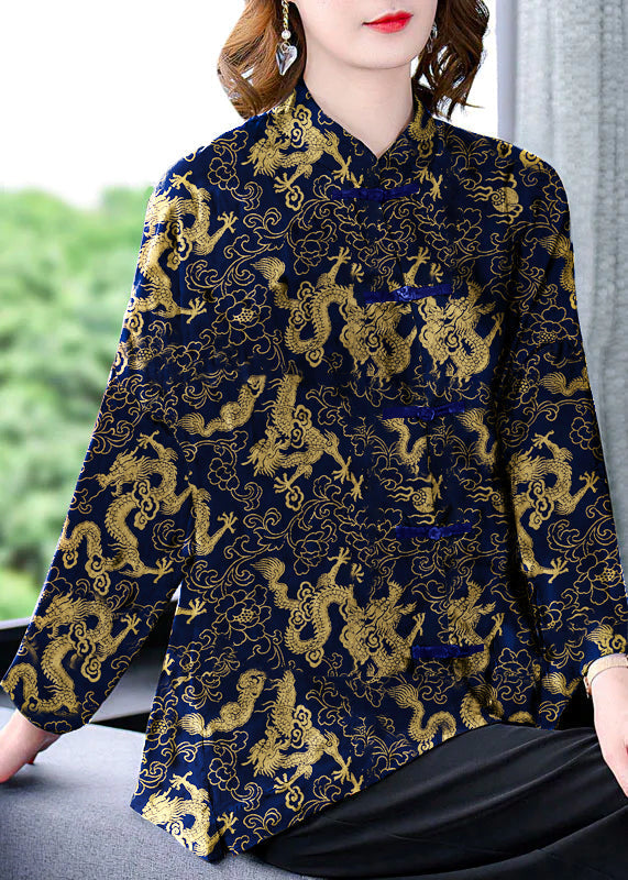 Original Blue-dragon Mandarin Collar Button Floral Print Silk Coats Long Sleeve