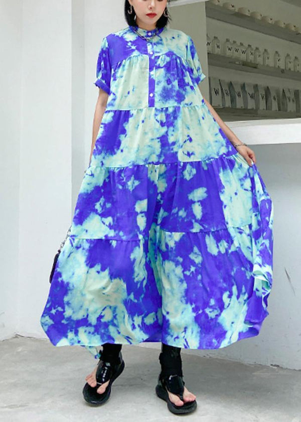 100% blue print cotton tunics for women stand collar patchwork Plus Size Dresses