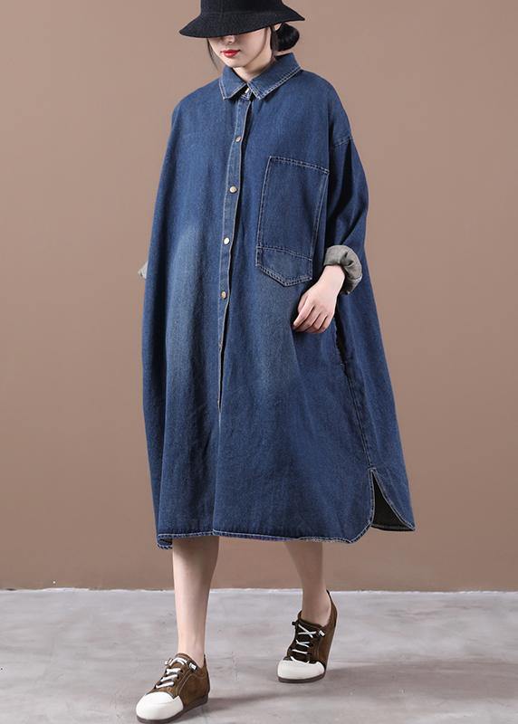100% lapel patchwork spring outfit Fashion Ideas denim blue long Dress