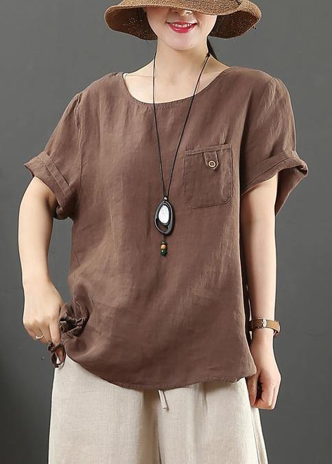 Modern o neck pockets linen summer clothes Fashion chocolate blouse