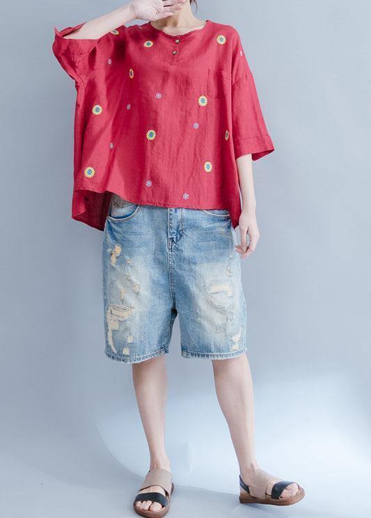 DIY red o neck cotton linen tunic pattern Photography embroidery summer shirts