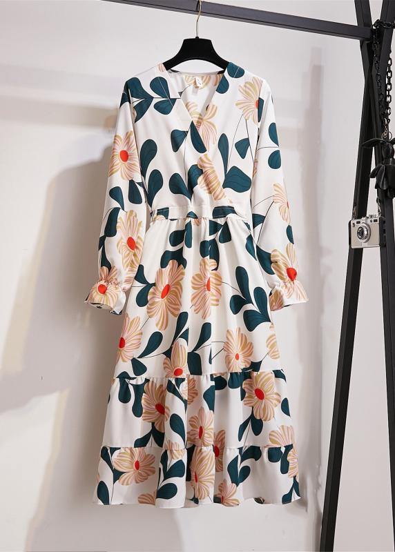 Natural Print Chiffon Clothes For Women V Neck Wrinkled Art Dresses