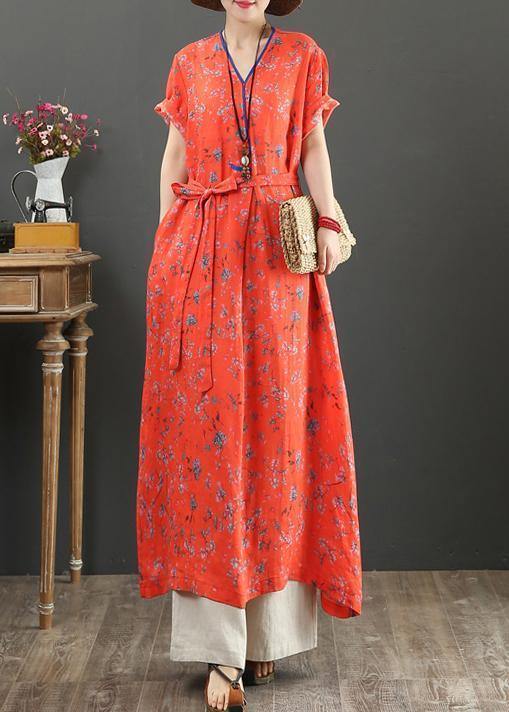 Women red print cotton quilting clothes v neck tie waist Kaftan Dress