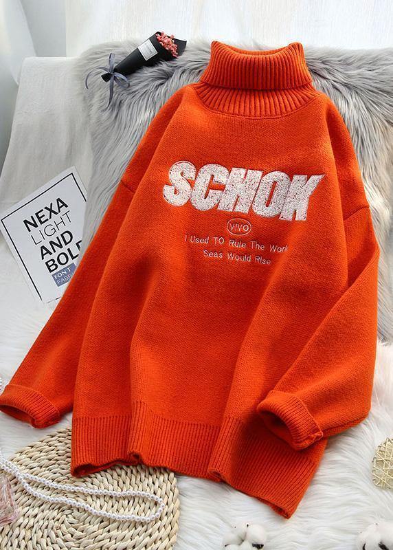 Cute orange knitted clothes alphabet oversize high neck knit sweat tops