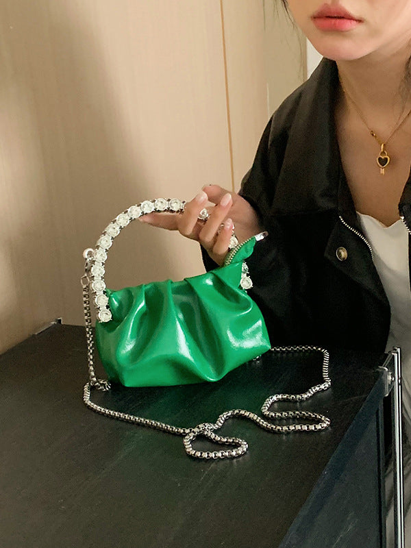 Chains Pleated Rhine Stones Zipper Handbags