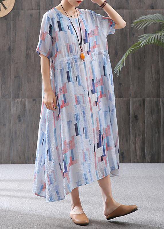 Elegant linen clothes fine Print Short Sleeve A-Line Round Neck Dress