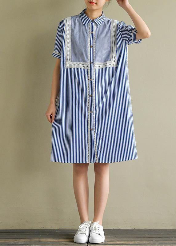 Natural blue striped Cotton for women lapel lantern sleeve cotton summer Dress