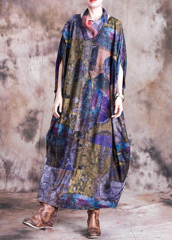 Vivid blue print cotton dress o neck Batwing Sleeve Maxi fall Dress