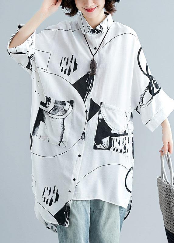 Italian asymmetric hem cotton linen tops women blouses Neckline white prints shirt summer