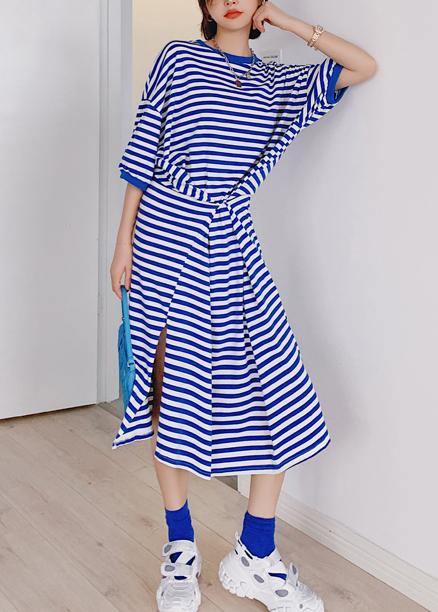 Style blue striped tunic dress o neck side open Plus Size Dresses