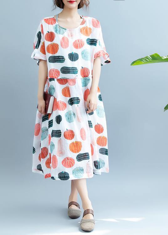 100% Pumpkin  Print Robes O Neck  Maxi Summer Dress