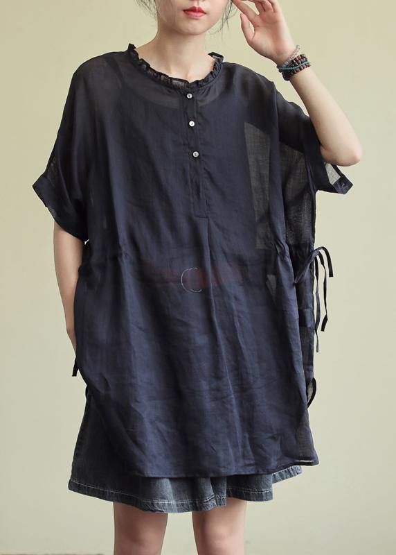 Simple black cotton tunic pattern o neck Ruffles Plus Size Clothing blouses