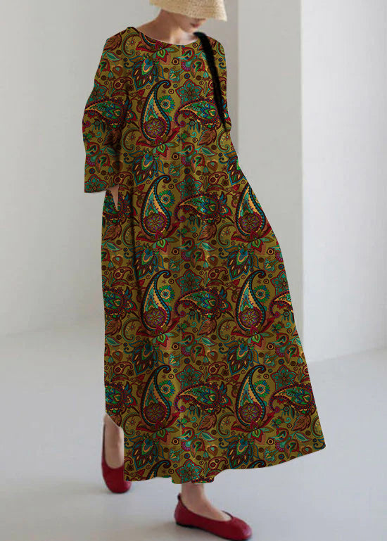 Green-cashew pattern Cotton Dresses Pockets Patchwork Spring