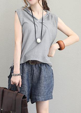 Bohemian light gray cotton Long Shirts Neckline hooded sleeveless top summer