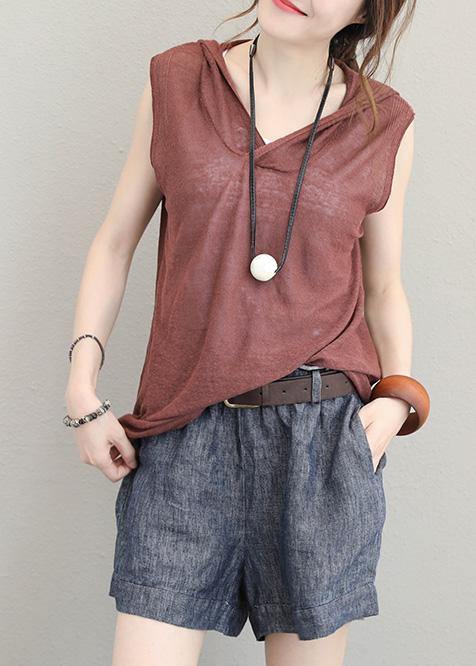 Organic brown cotton clothes For Women sleeveless short hooded blouse