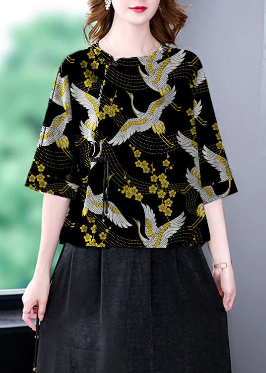 Black Crane O-Neck Print Patchwork Top Bracelet Sleeve